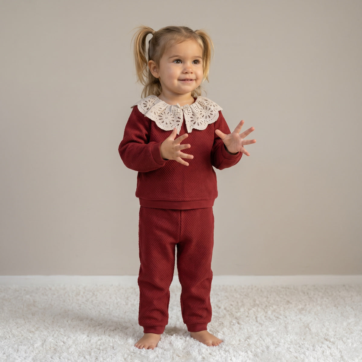 Baby Girls Maroon Cotton Blend Textured Top And Bottom Set With Broderie Collar Regular Fit Casual Wear