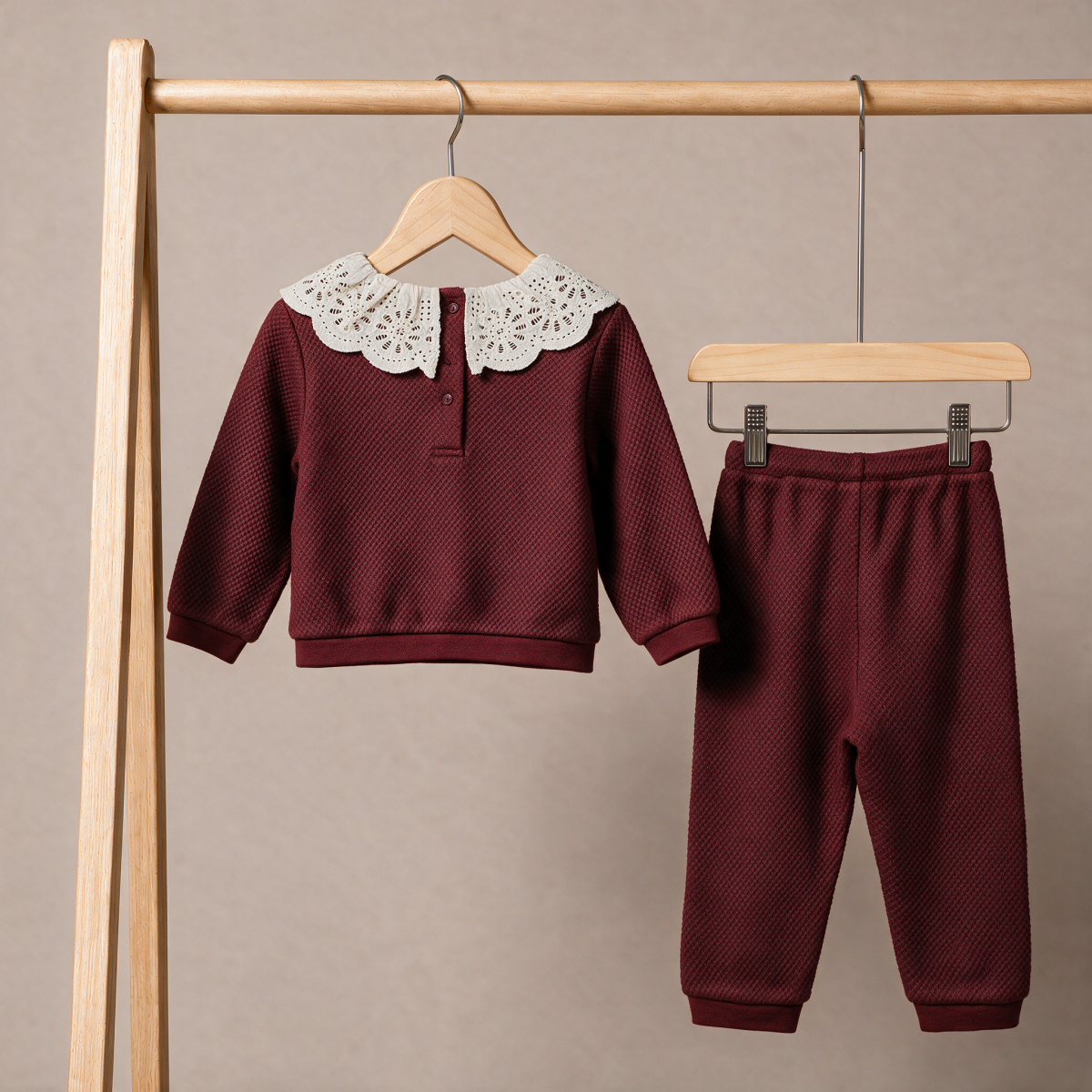 Baby Girls Maroon Cotton Blend Textured Top And Bottom Set With Broderie Collar Regular Fit Casual Wear