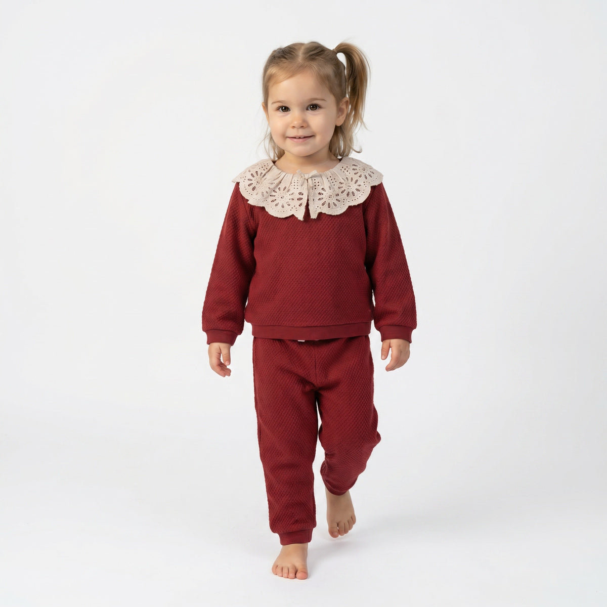 Baby Girls Maroon Cotton Blend Textured Top And Bottom Set With Broderie Collar Regular Fit Casual Wear