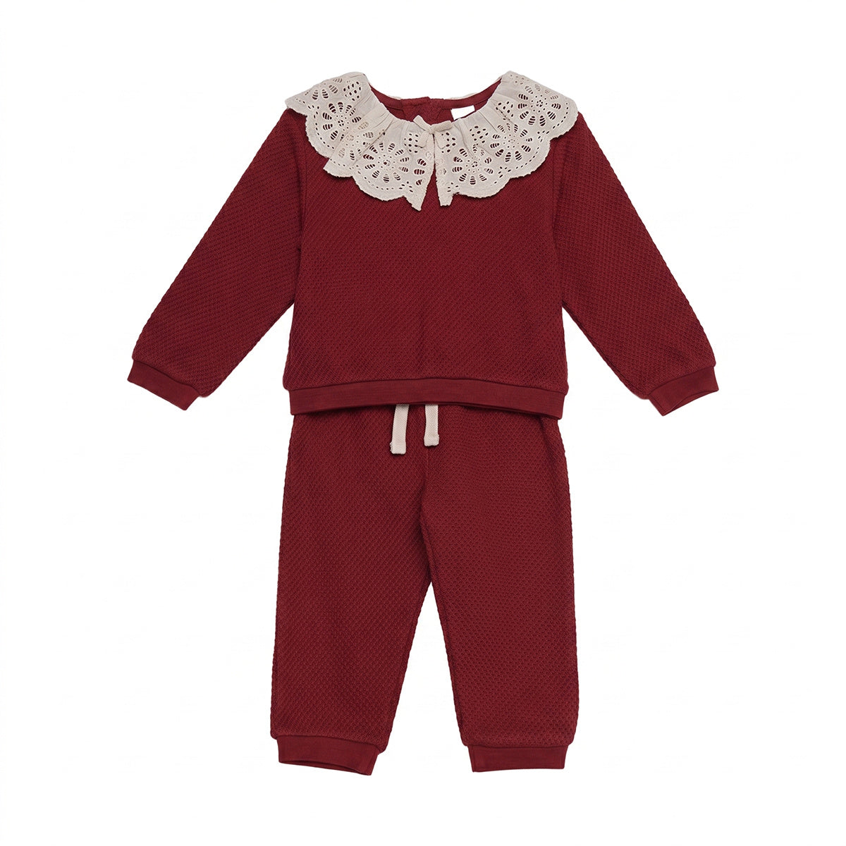 Baby Girls Maroon Cotton Blend Textured Top And Bottom Set With Broderie Collar Regular Fit Casual Wear