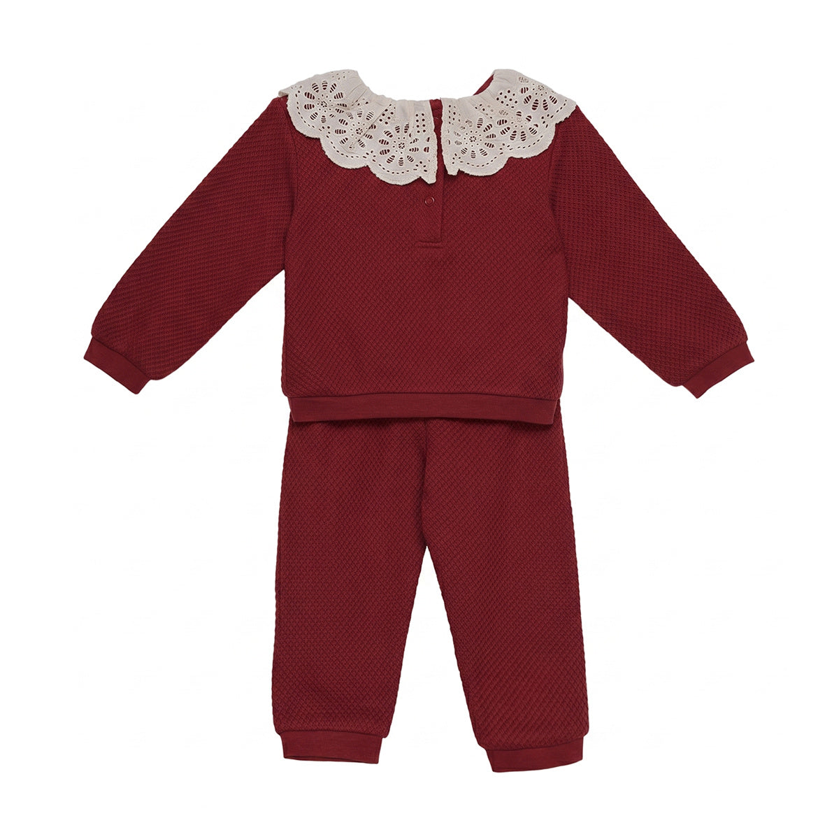 Baby Girls Maroon Cotton Blend Textured Top And Bottom Set With Broderie Collar Regular Fit Casual Wear