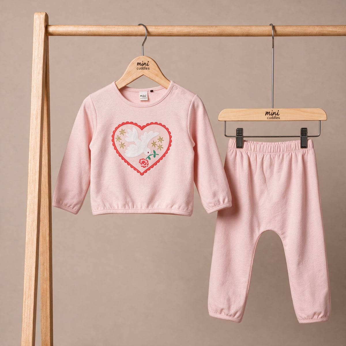 Baby Girls Pink Cotton Blend Dove Heart Printed Top And Knit Bottom Set Regular Fit Casual Wear