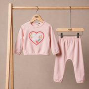 Baby Girls Pink Cotton Blend Dove Heart Printed Top And Knit Bottom Set Regular Fit Casual Wear