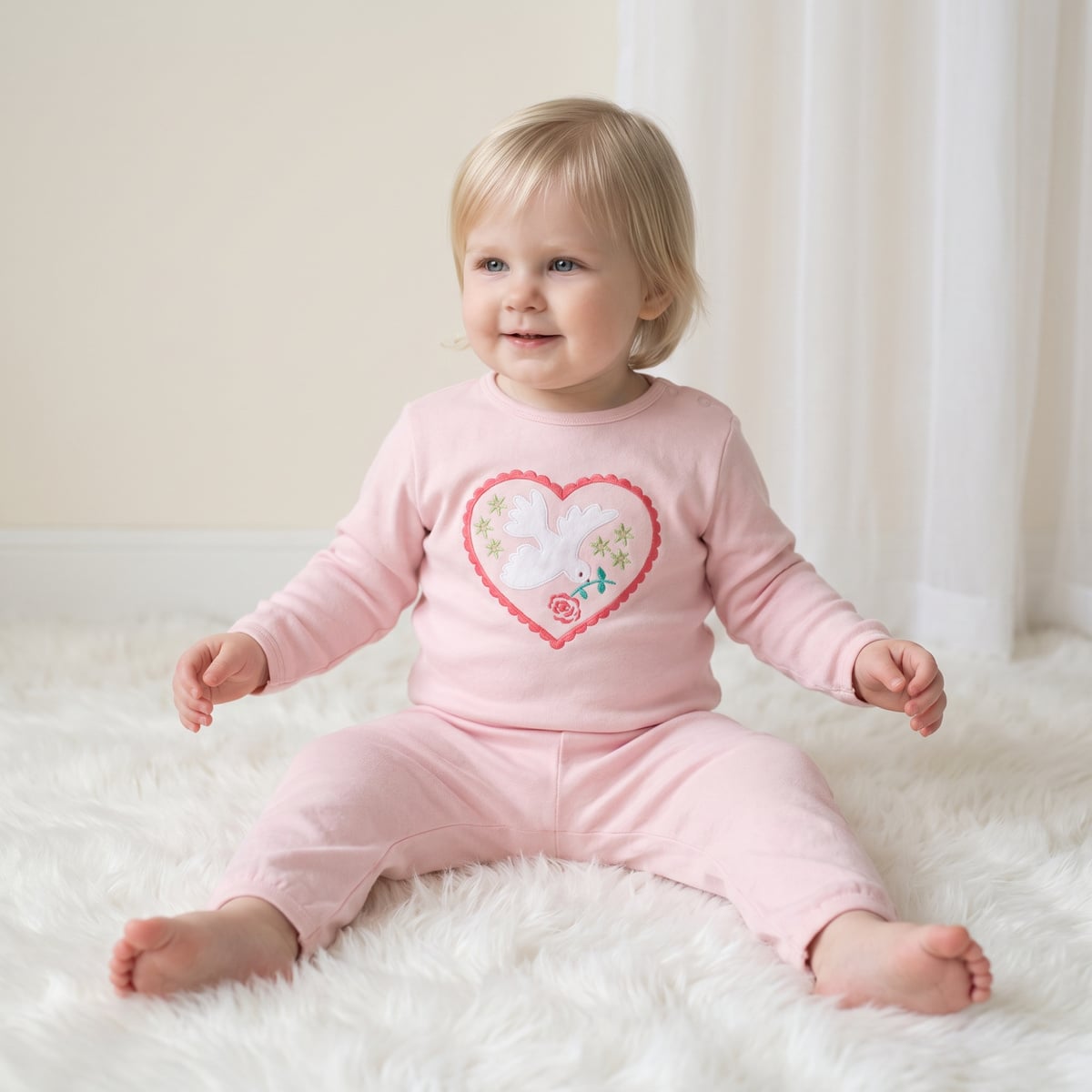 Baby Girls Pink Cotton Blend Dove Heart Printed Top And Knit Bottom Set Regular Fit Casual Wear