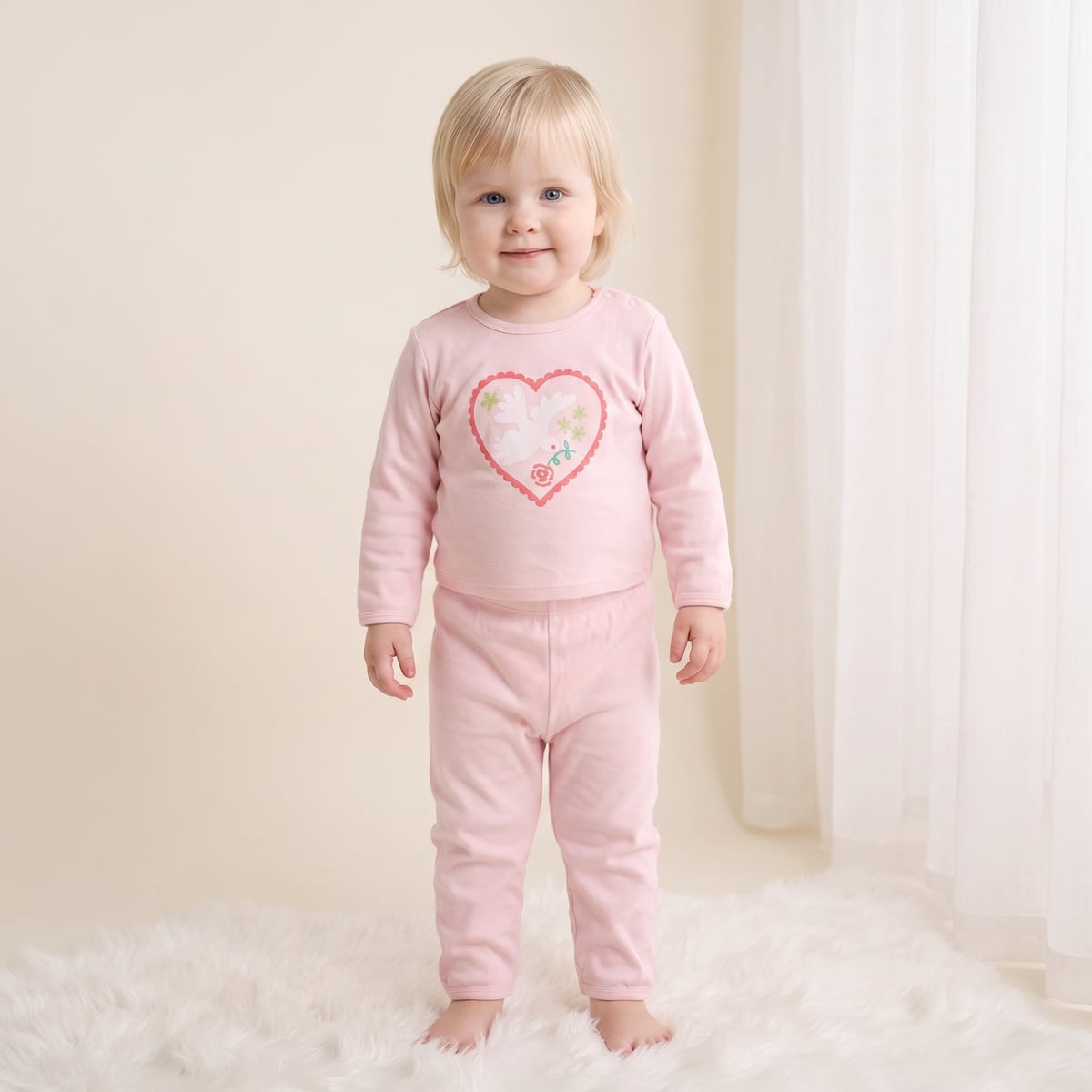 Baby Girls Pink Cotton Blend Dove Heart Printed Top And Knit Bottom Set Regular Fit Casual Wear