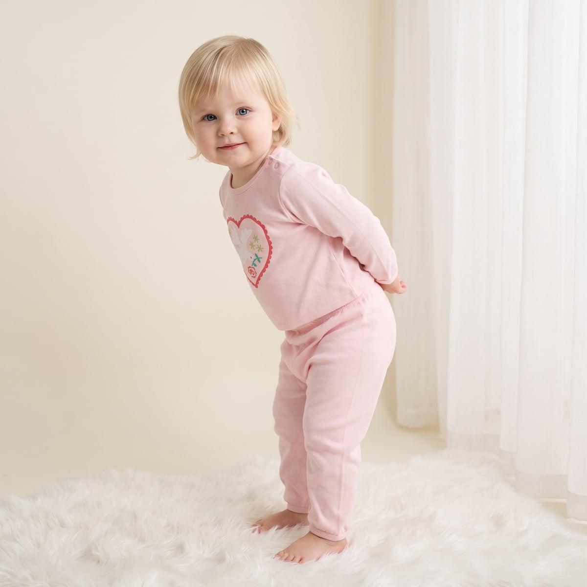Baby Girls Pink Cotton Blend Dove Heart Printed Top And Knit Bottom Set Regular Fit Casual Wear