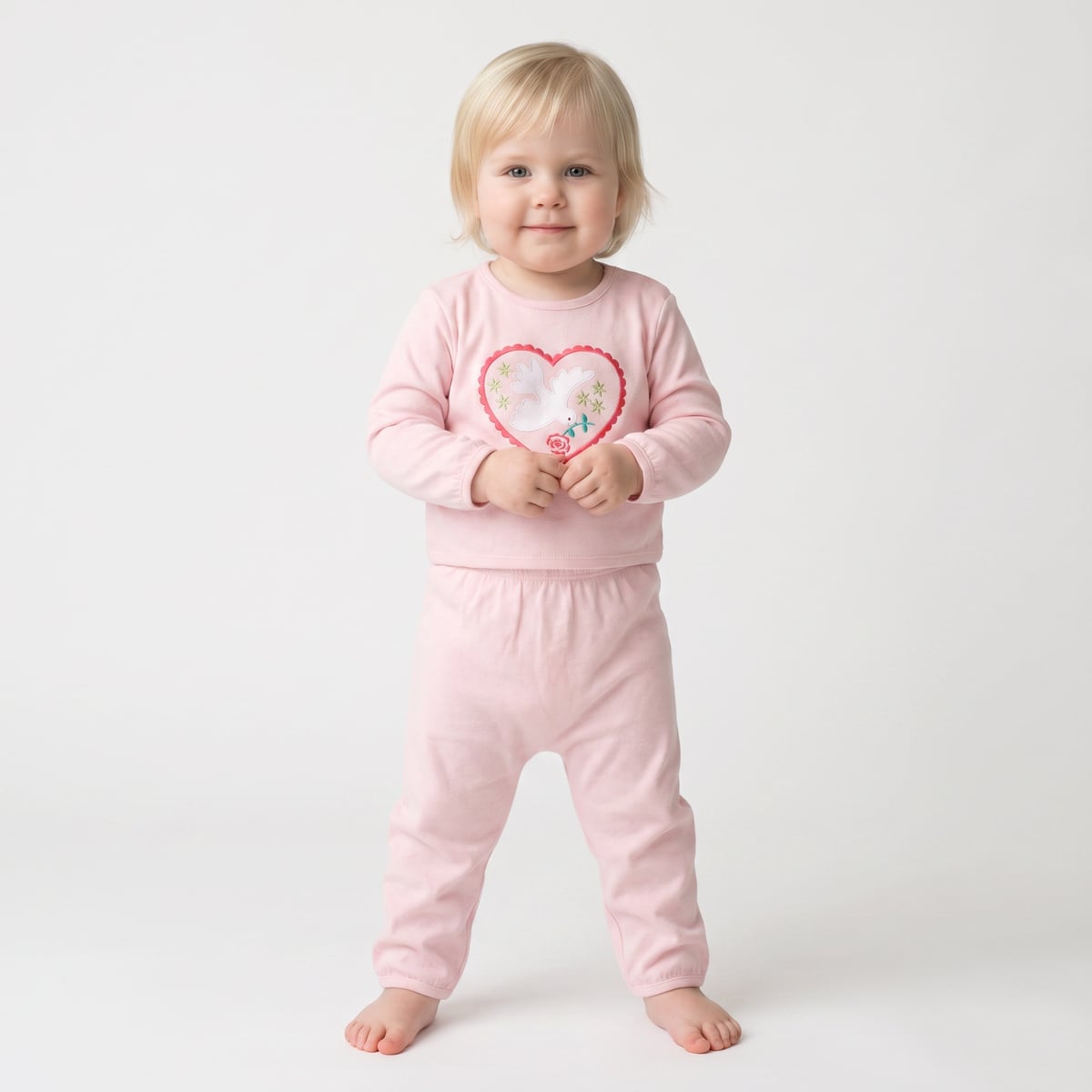 Baby Girls Pink Cotton Blend Dove Heart Printed Top And Knit Bottom Set Regular Fit Casual Wear