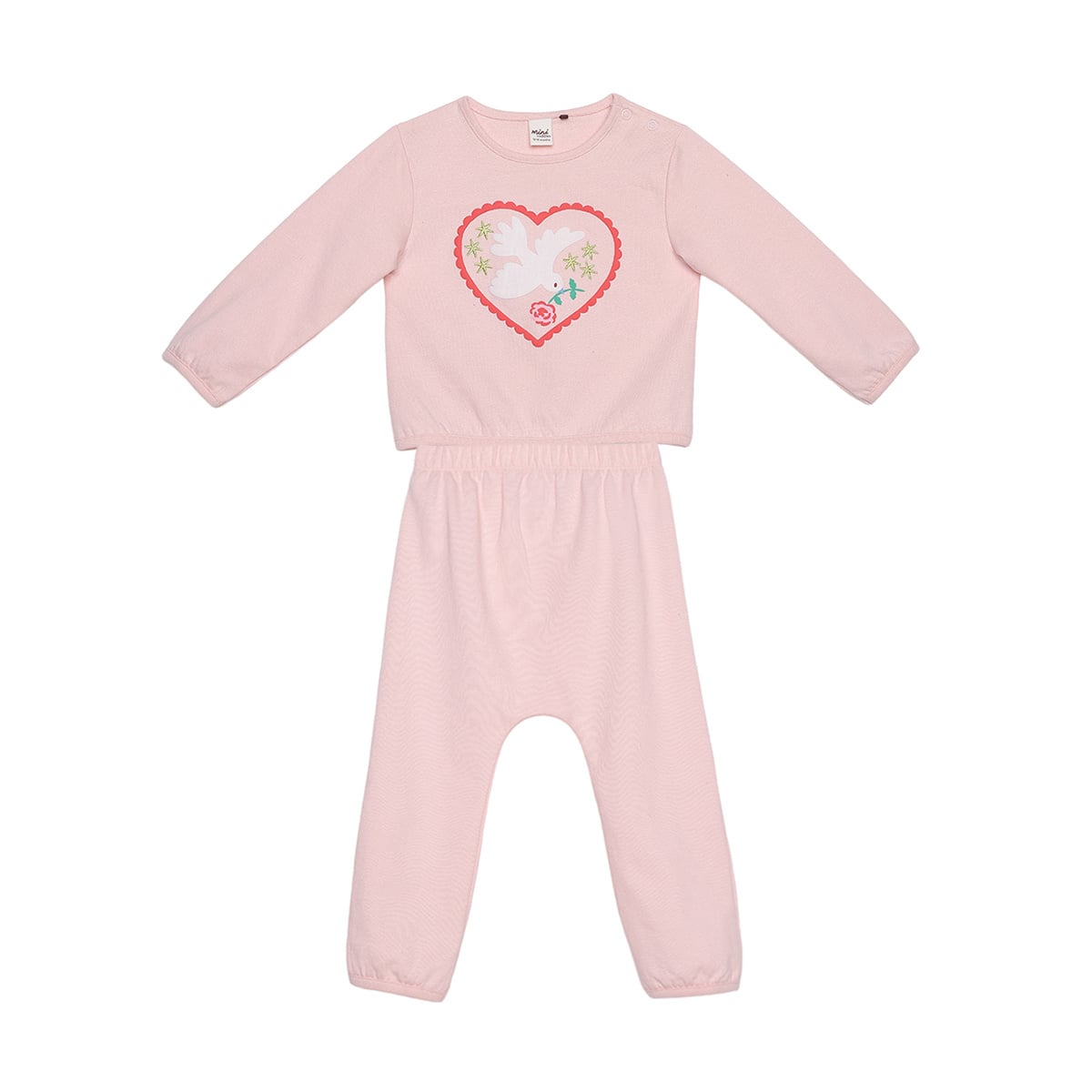 Baby Girls Pink Cotton Blend Dove Heart Printed Top And Knit Bottom Set Regular Fit Casual Wear