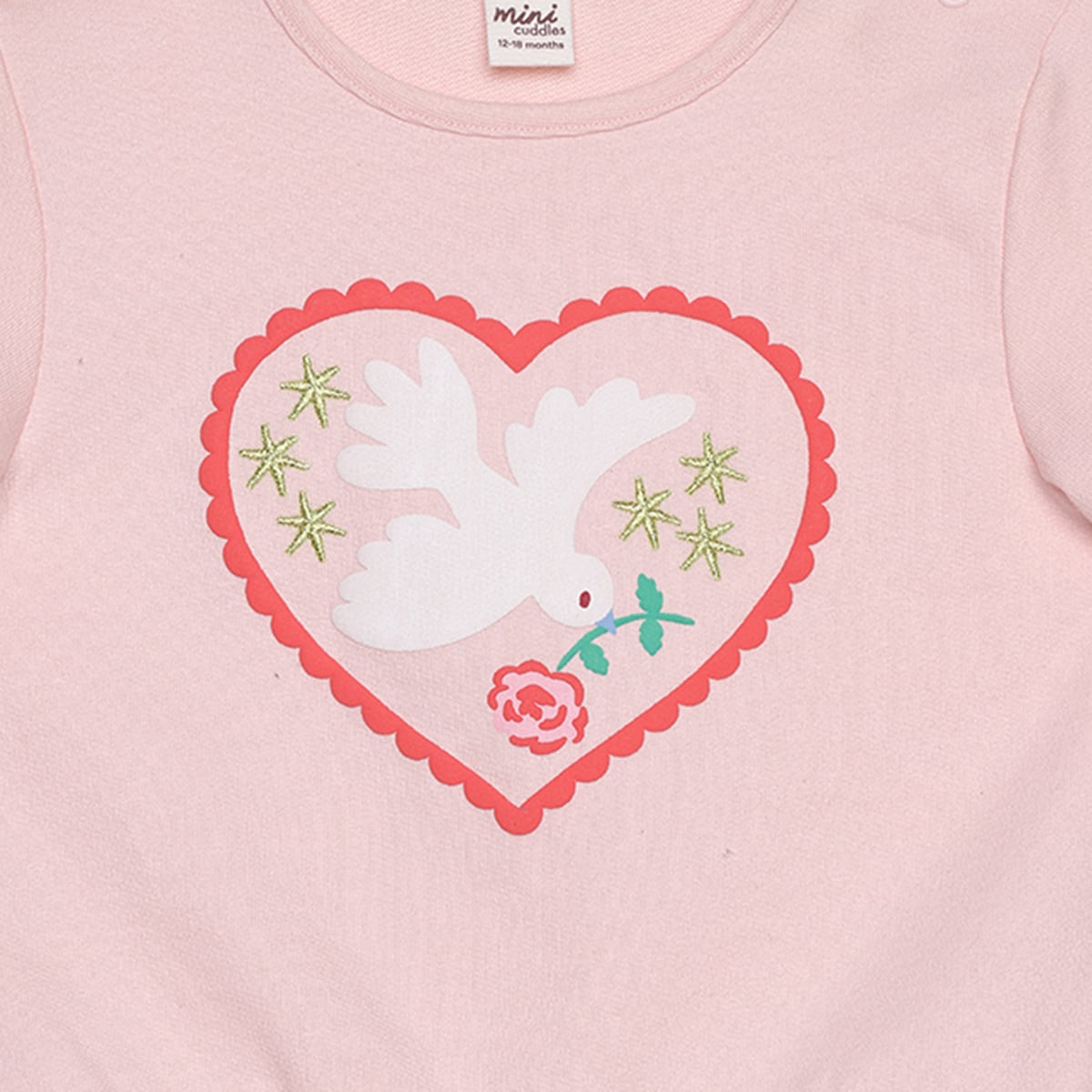 Baby Girls Pink Cotton Blend Dove Heart Printed Top And Knit Bottom Set Regular Fit Casual Wear
