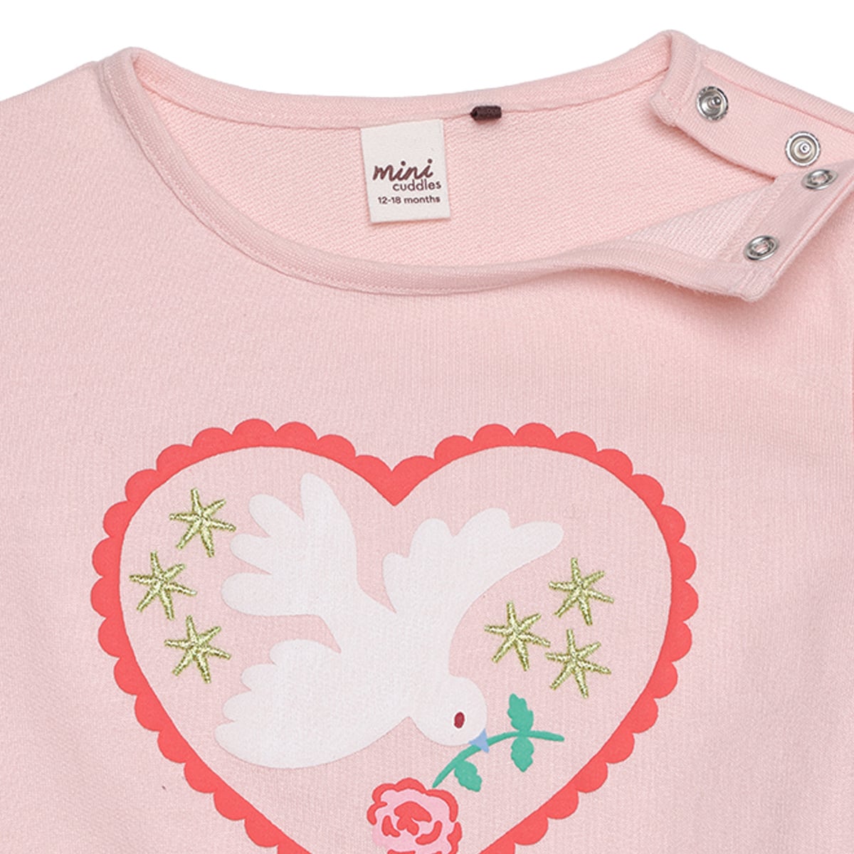 Baby Girls Pink Cotton Blend Dove Heart Printed Top And Knit Bottom Set Regular Fit Casual Wear