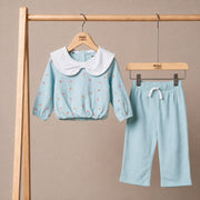 Baby Girls Light Blue Cotton Floral Printed Top and Pants Set Regular Fit Casual Wear