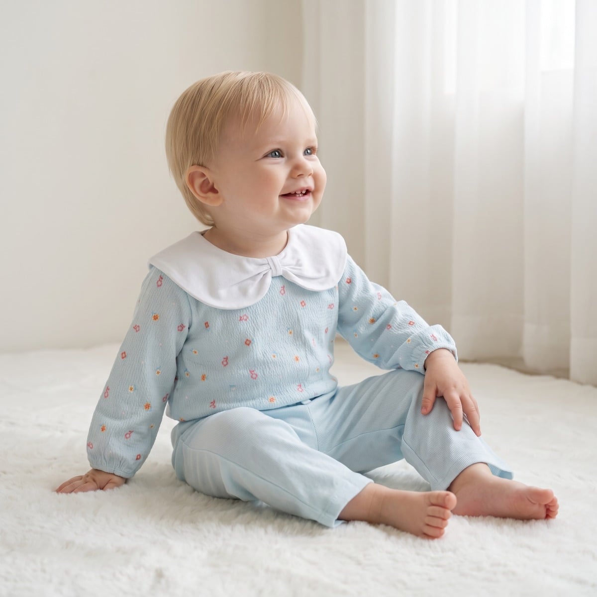 Baby Girls Light Blue Cotton Floral Printed Top and Pants Set Regular Fit Casual Wear