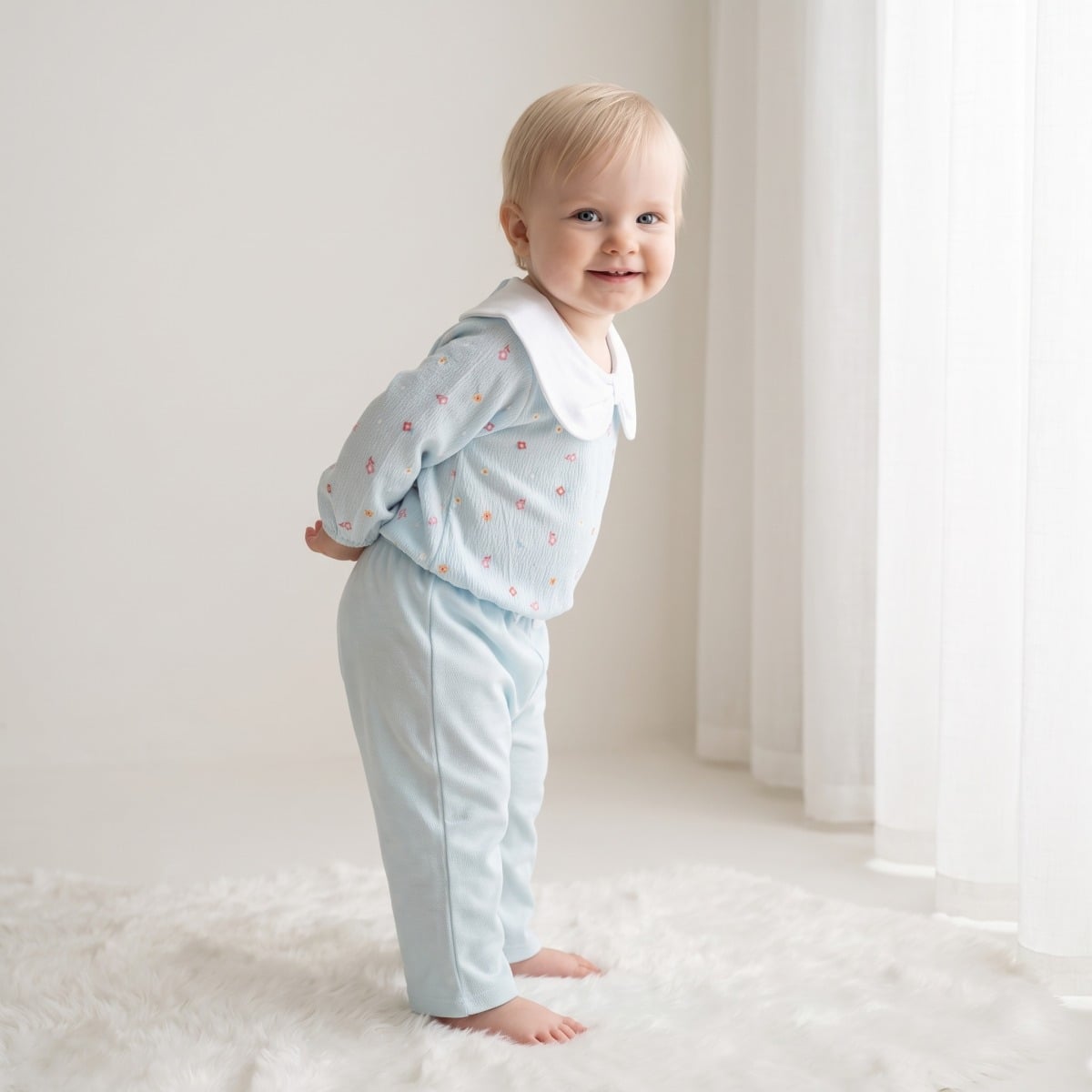 Baby Girls Light Blue Cotton Floral Printed Top and Pants Set Regular Fit Casual Wear