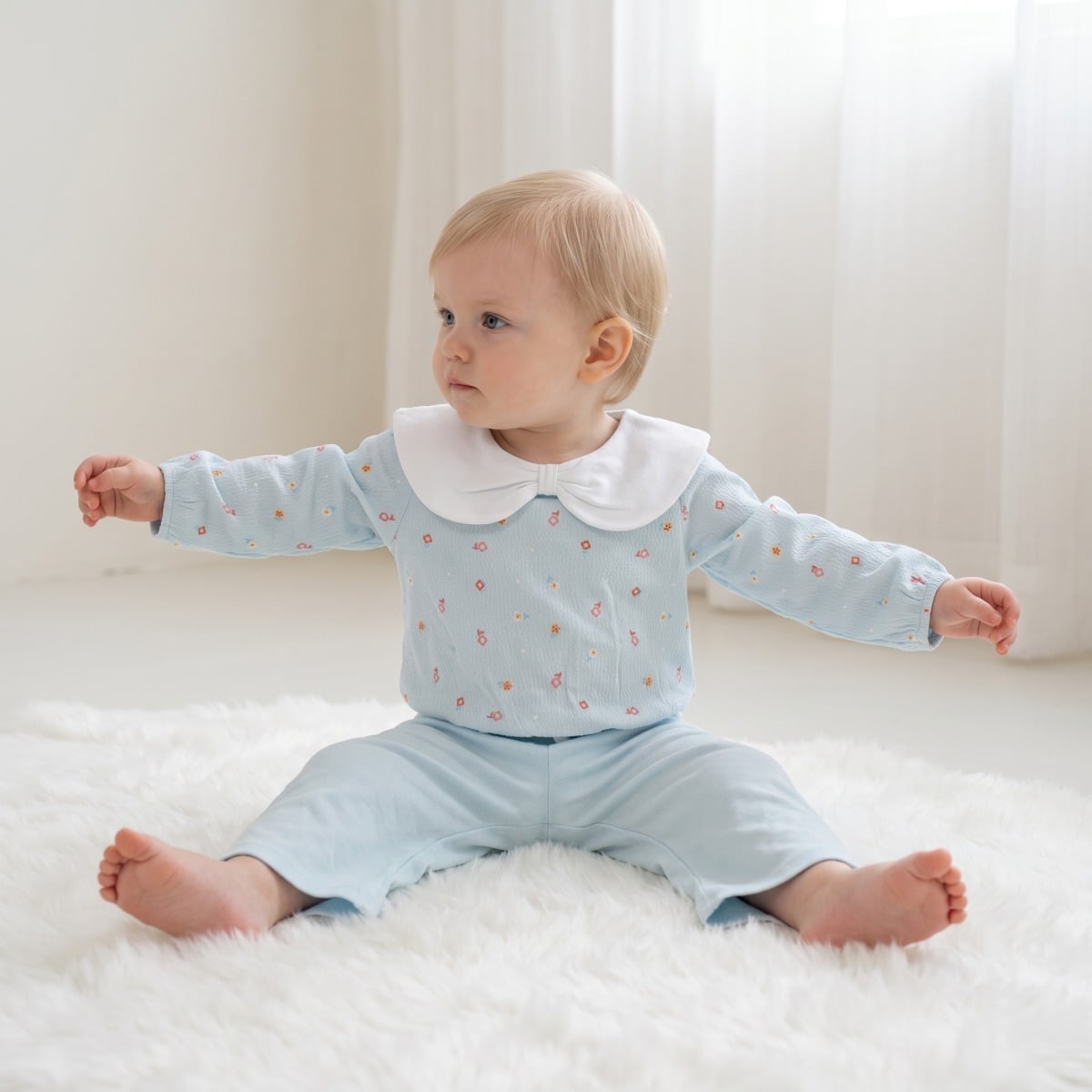 Baby Girls Light Blue Cotton Floral Printed Top and Pants Set Regular Fit Casual Wear