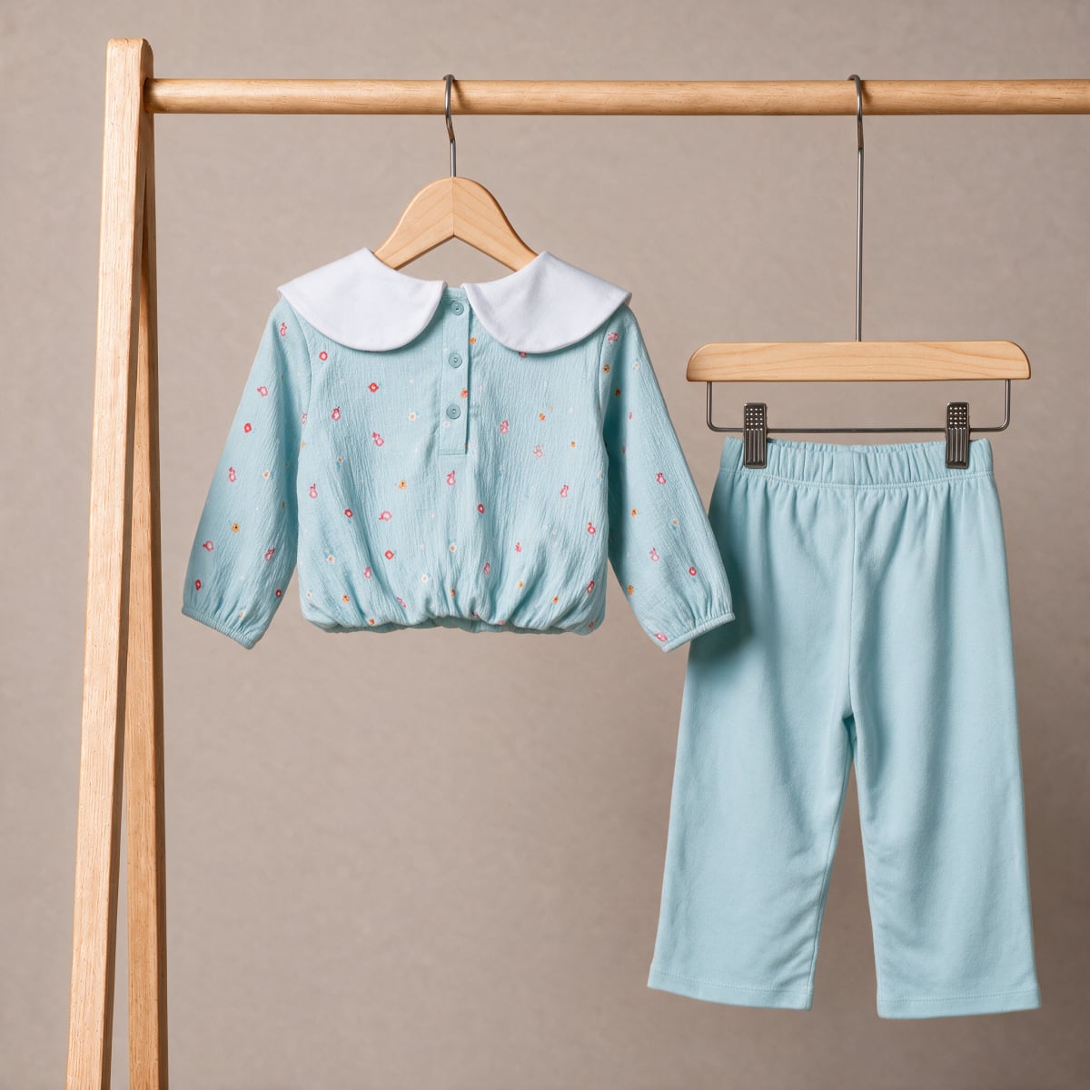 Baby Girls Light Blue Cotton Floral Printed Top and Pants Set Regular Fit Casual Wear