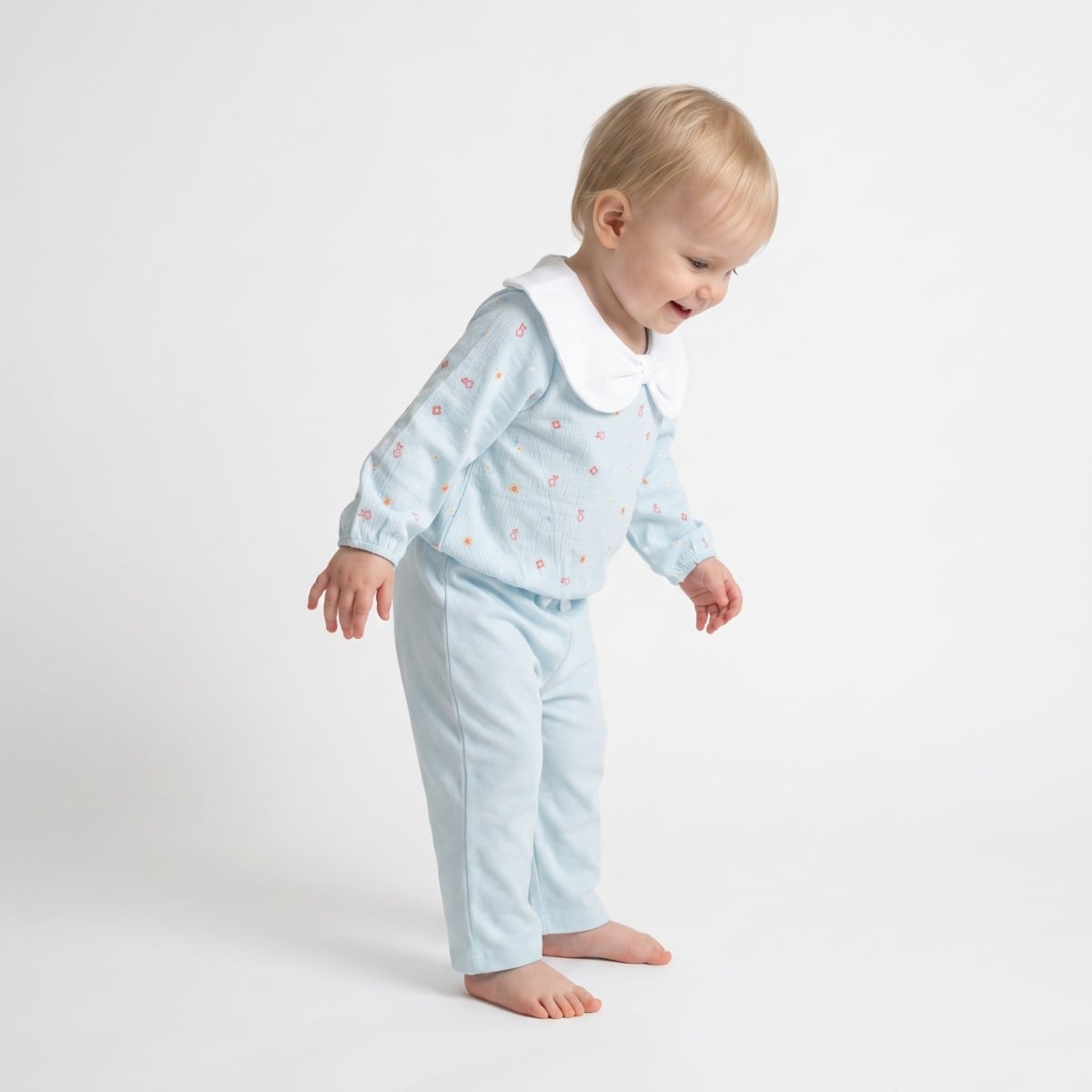 Baby Girls Light Blue Cotton Floral Printed Top and Pants Set Regular Fit Casual Wear