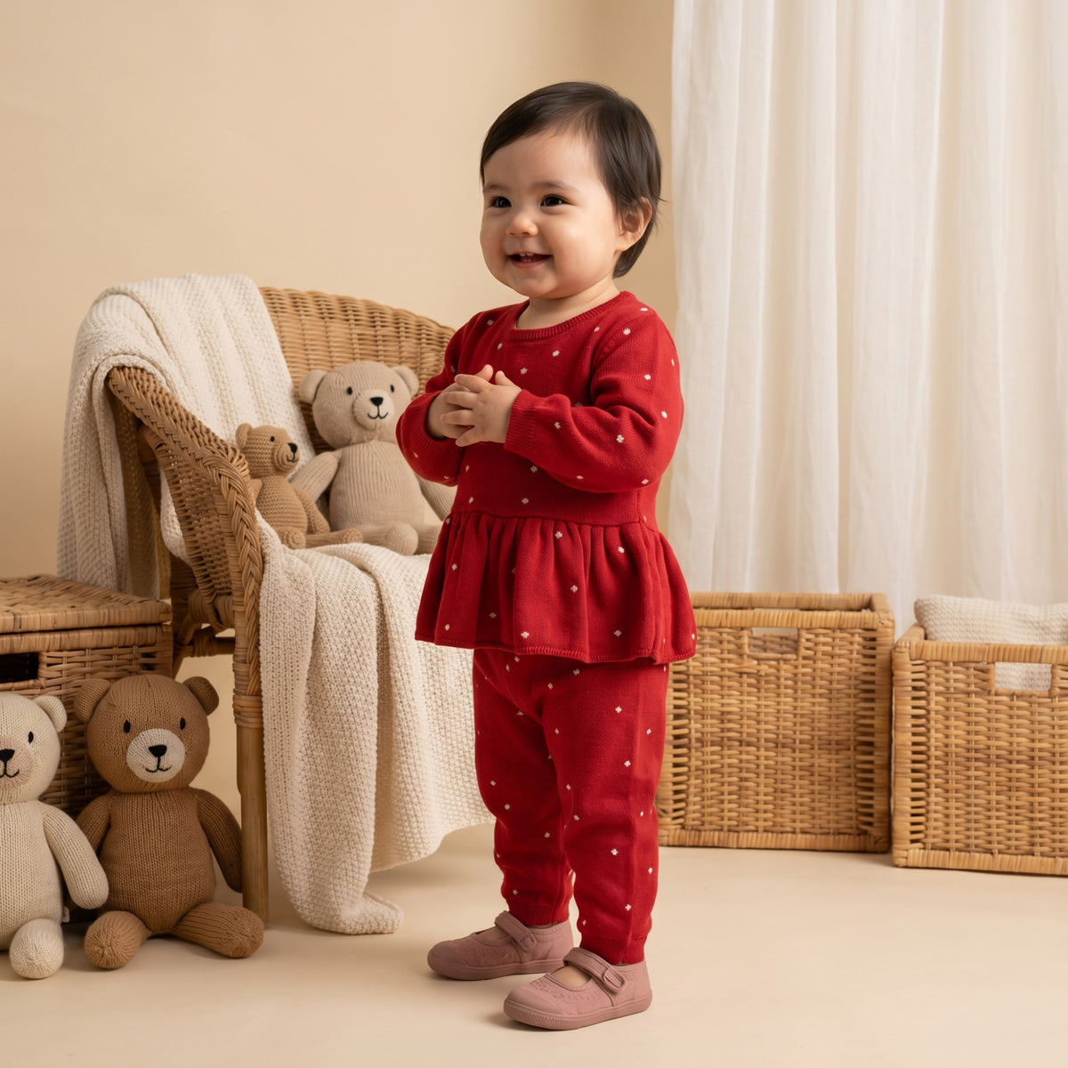 Baby Girls Red Cotton Blend Heart Knitted Top And Bottom Set Pack Of 1 Regular Fit Casual Wear