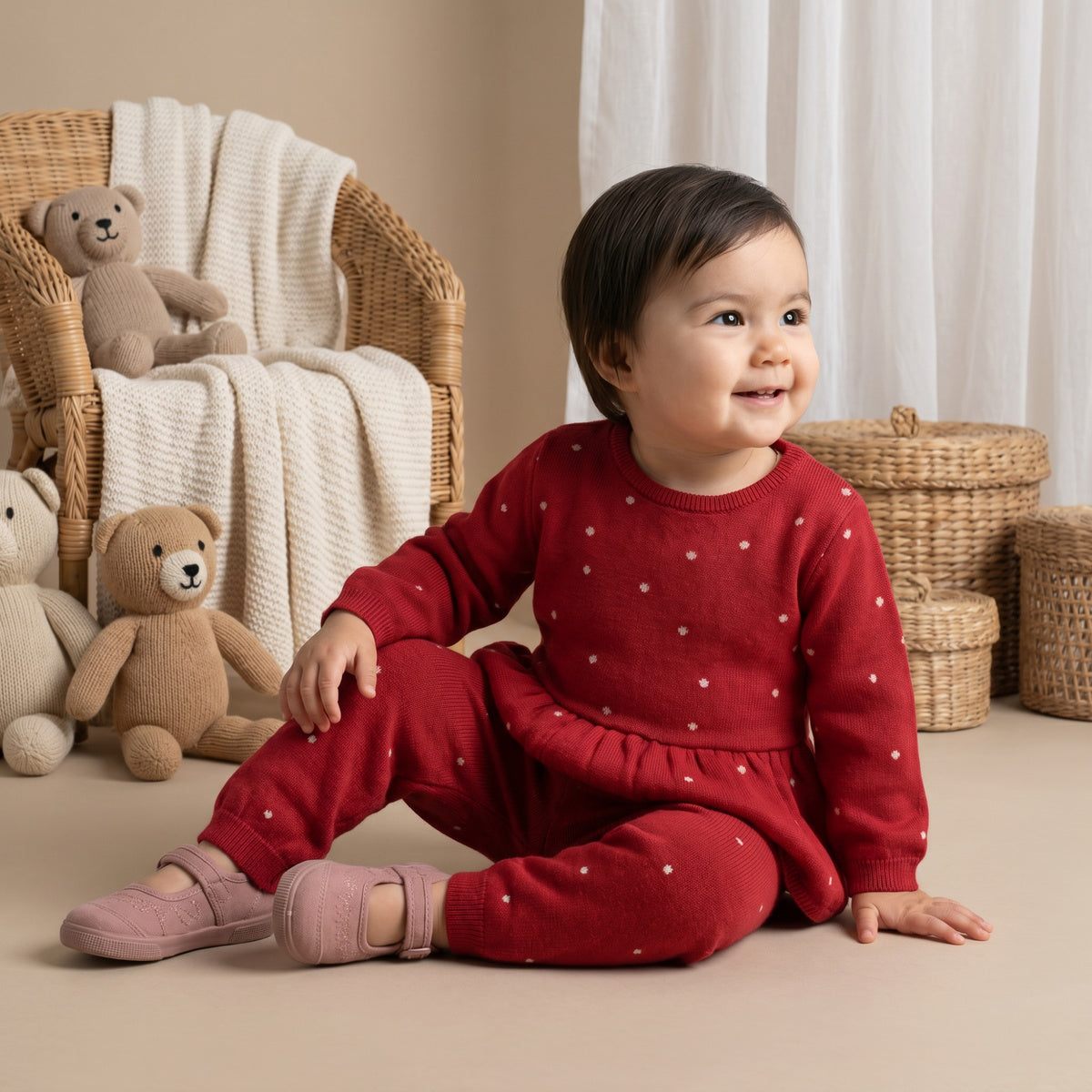 Baby Girls Red Cotton Blend Heart Knitted Top And Bottom Set Pack Of 1 Regular Fit Casual Wear