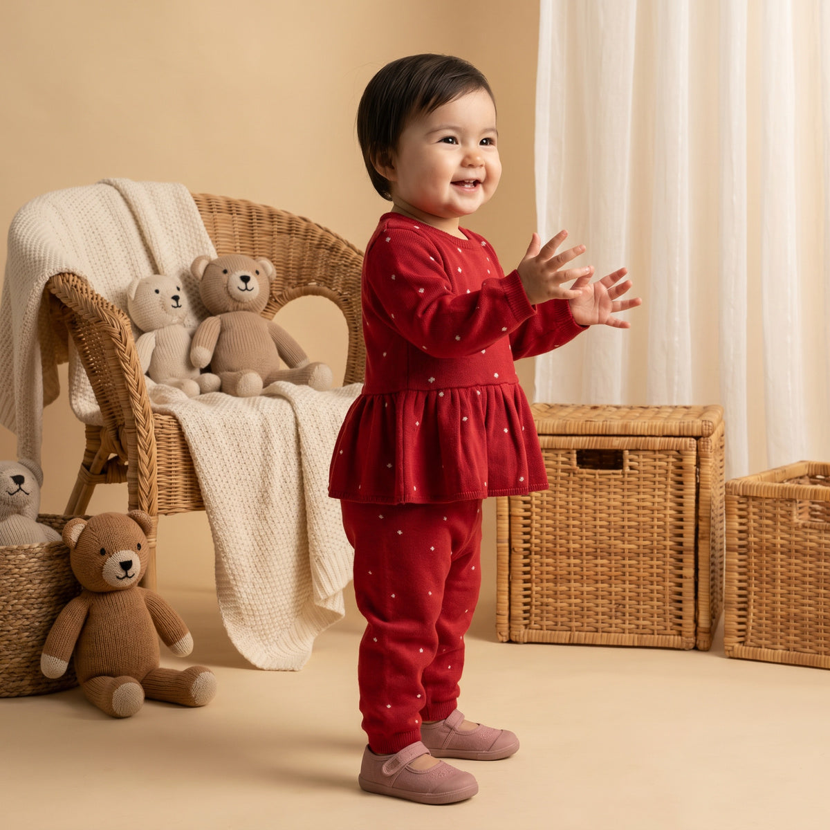 Baby Girls Red Cotton Blend Heart Knitted Top And Bottom Set Pack Of 1 Regular Fit Casual Wear
