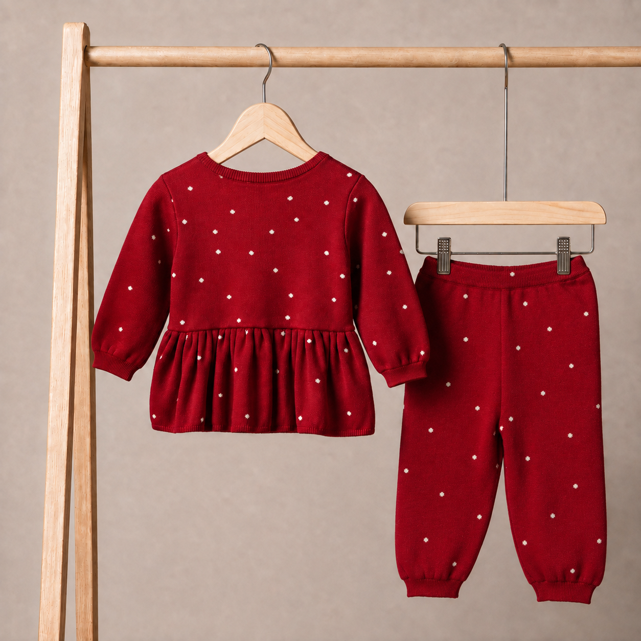 Baby Girls Red Cotton Blend Heart Knitted Top And Bottom Set Pack Of 1 Regular Fit Casual Wear