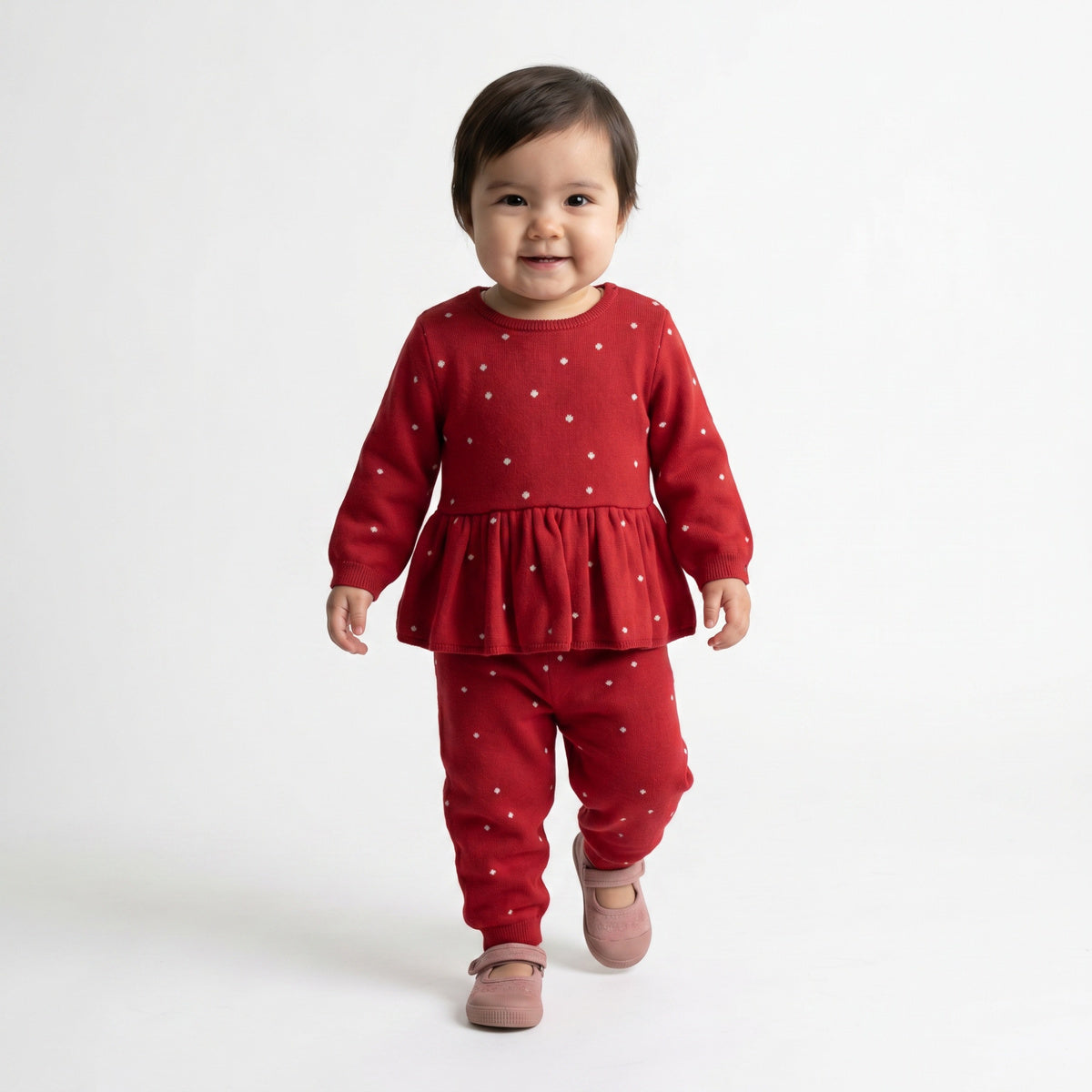 Baby Girls Red Cotton Blend Heart Knitted Top And Bottom Set Pack Of 1 Regular Fit Casual Wear