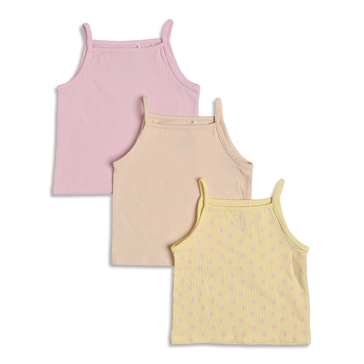 Baby Girls Floral Printed and Solid Camisole Tops Pack of 3, Pink Yellow Beige