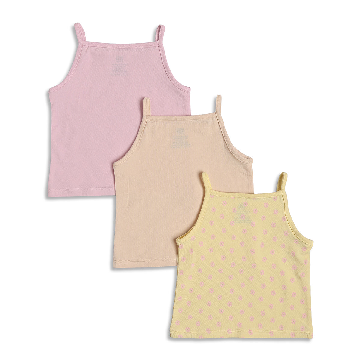 Baby Girls Floral Printed and Solid Camisole Tops Pack of 3, Pink Yellow Beige