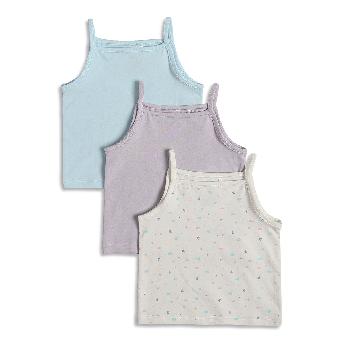 Baby Girls Solid and Printed Camisole Pack of 3, Blue Purple Off White