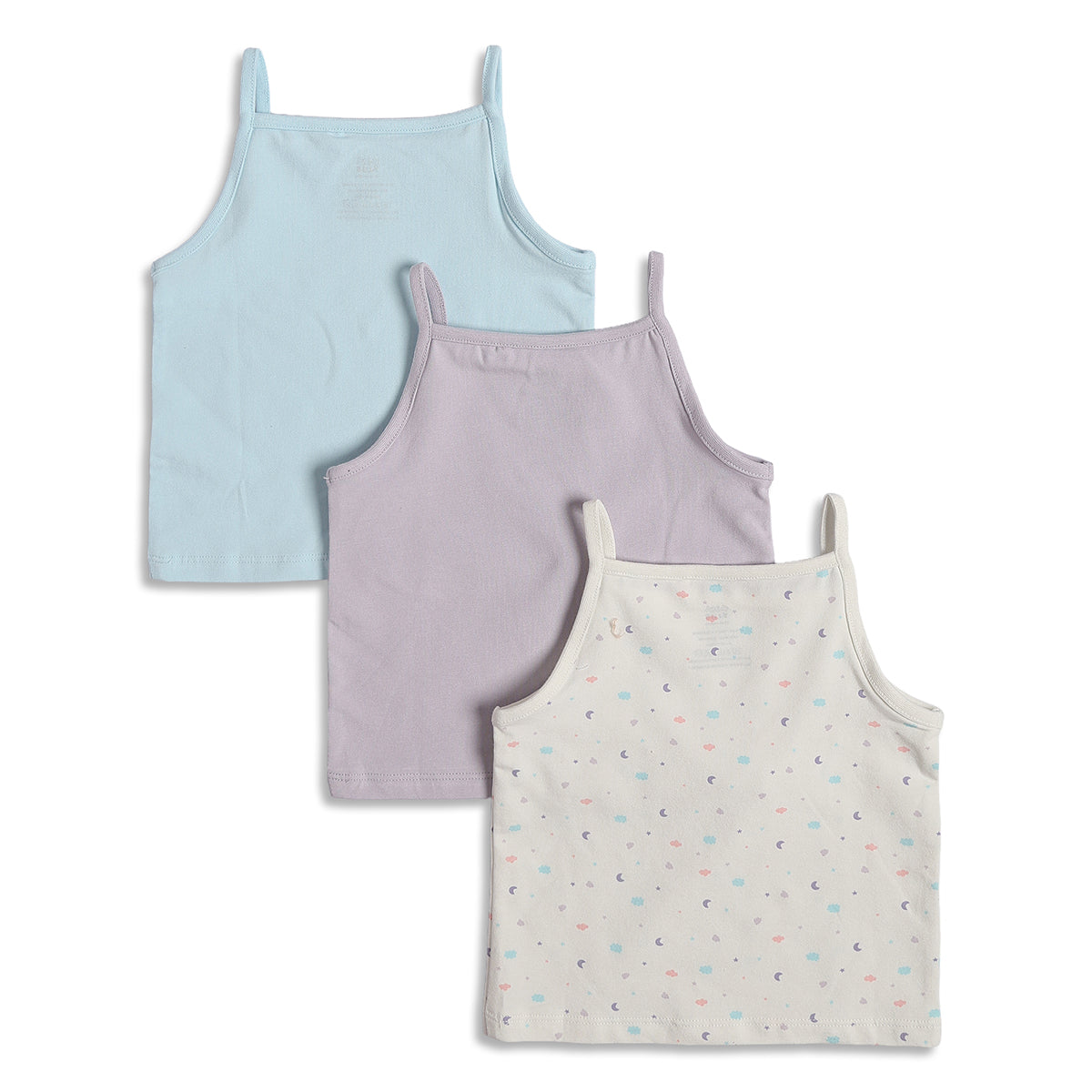 Baby Girls Solid and Printed Camisole Pack of 3, Blue Purple Off White