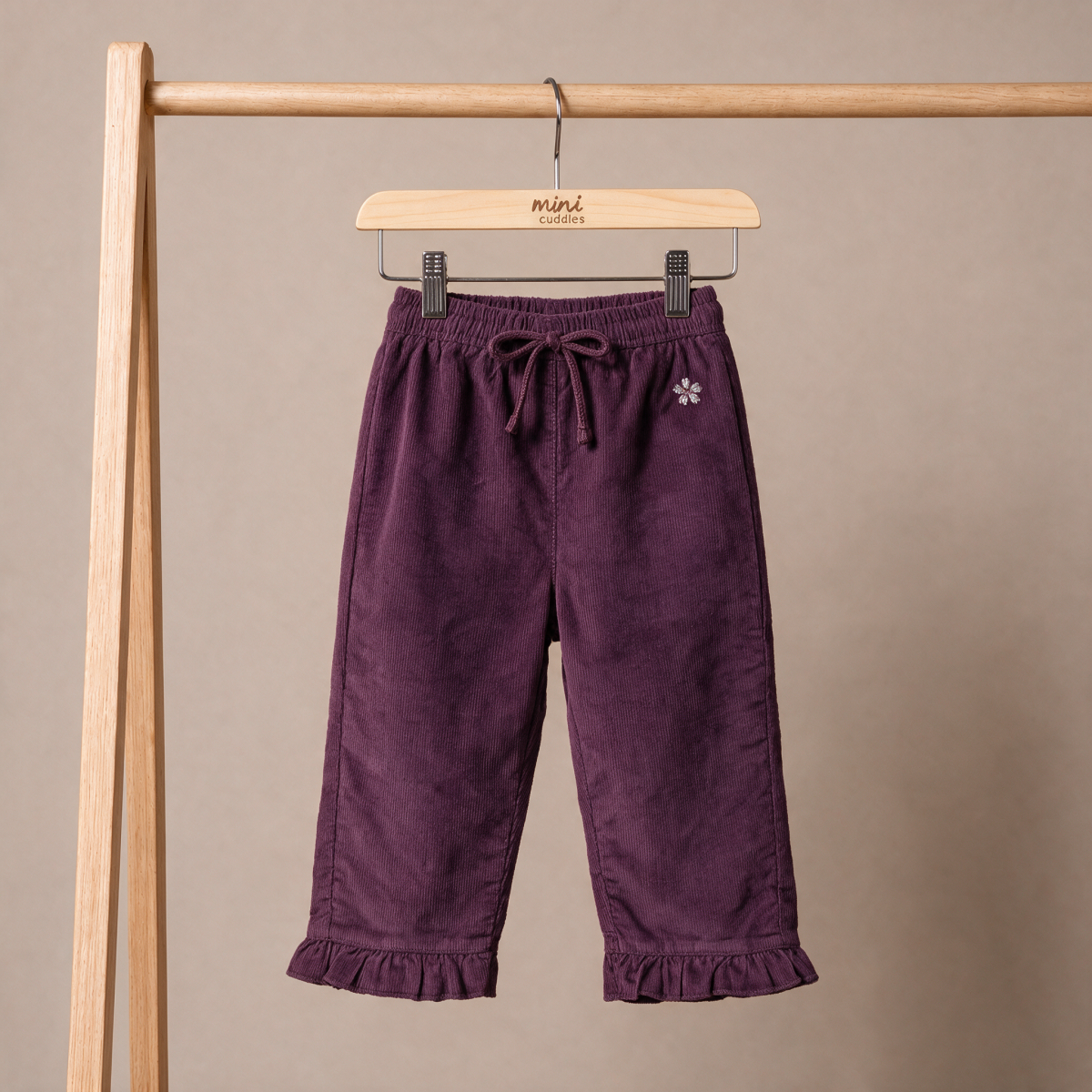 Baby Girls Mauve Cotton Blend Floral Embroidered Corduroy Pant Regular Fit Casual Wear