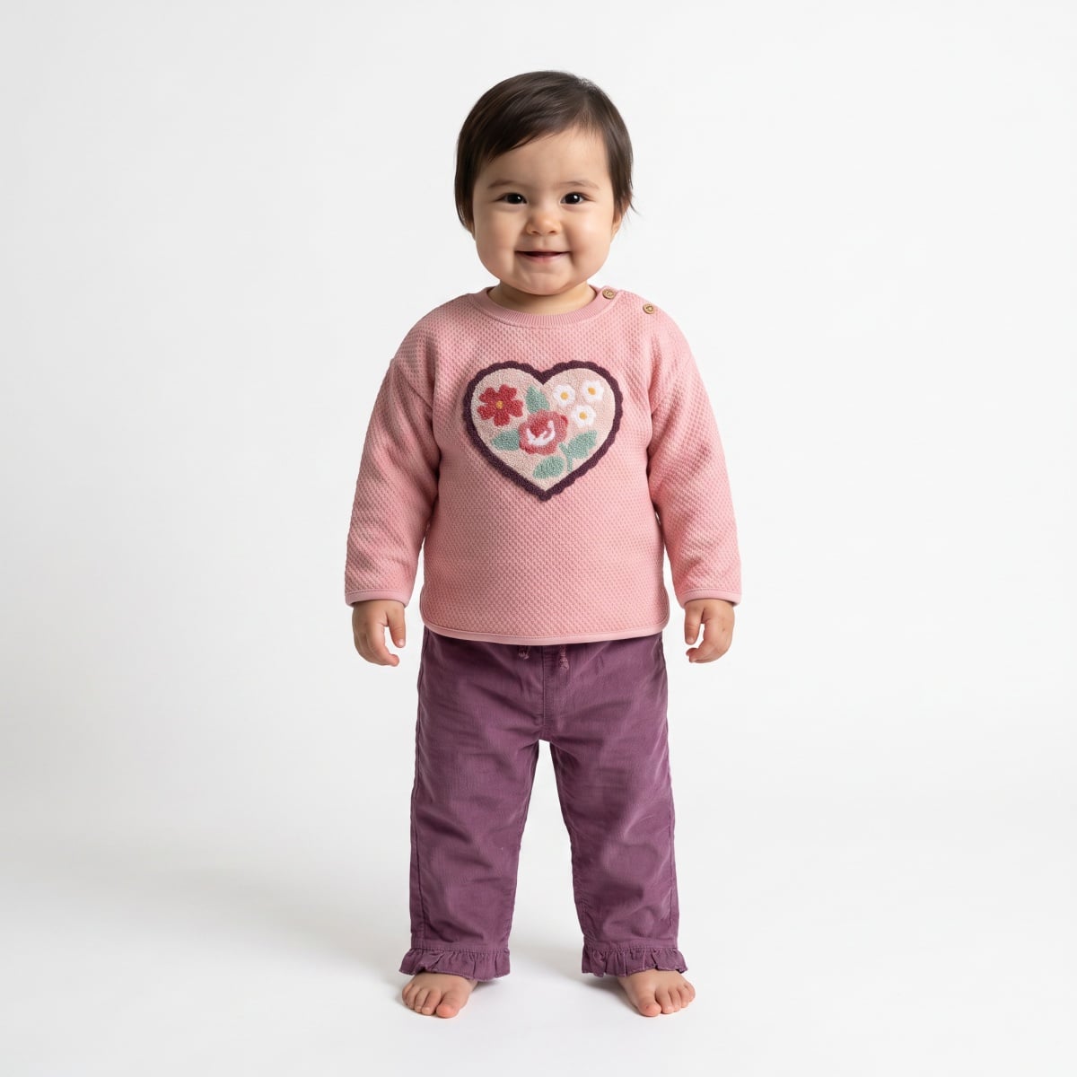 Baby Girls Mauve Cotton Blend Floral Embroidered Corduroy Pant Regular Fit Casual Wear