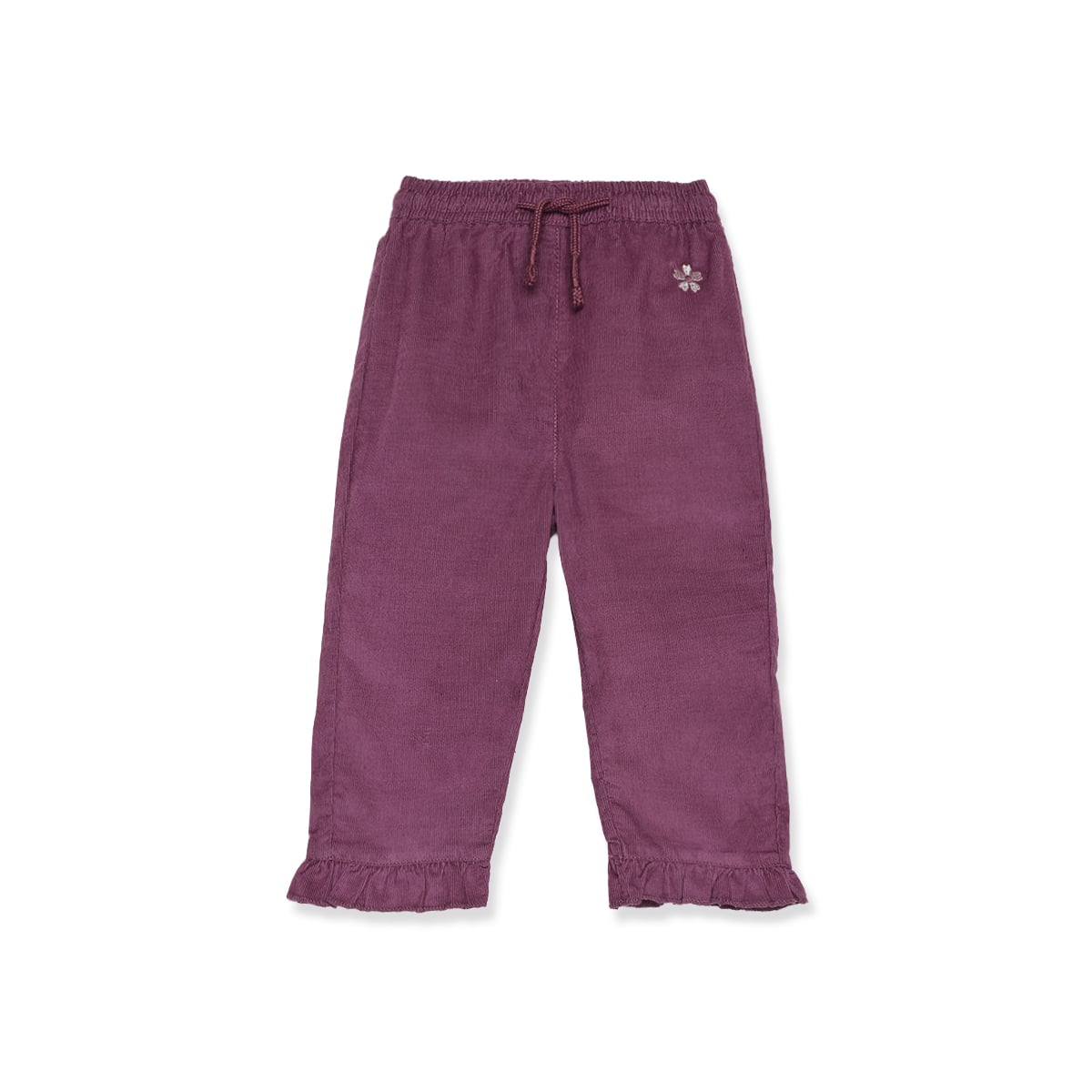 Baby Girls Mauve Cotton Blend Floral Embroidered Corduroy Pant Regular Fit Casual Wear