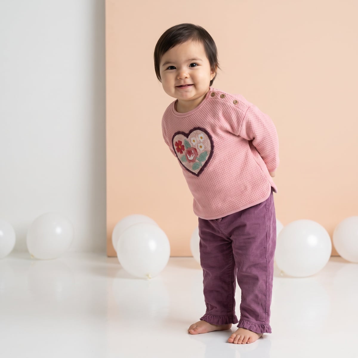 Baby Girls Mauve Cotton Blend Floral Embroidered Corduroy Pant Regular Fit Casual Wear