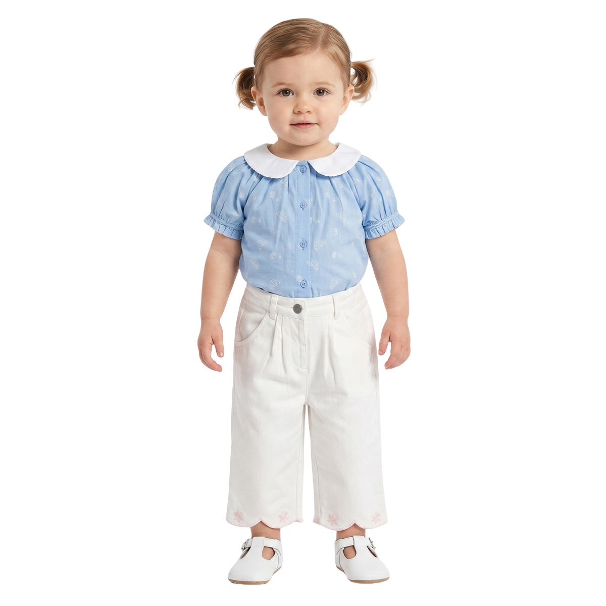 Baby Girls Off White Twill Lycra Pants Regular Fit Casual Bottom Wear