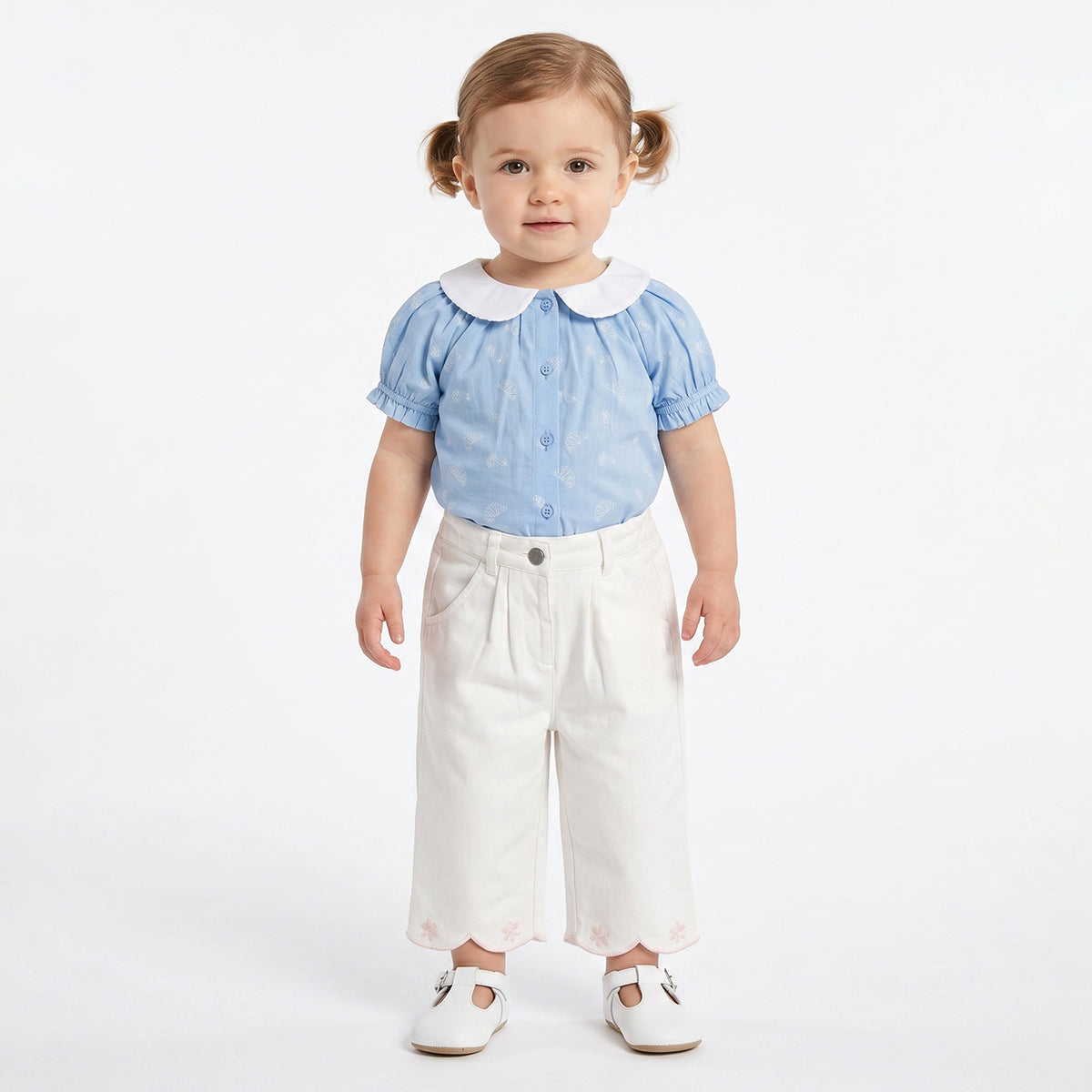 Baby Girls Off White Twill Lycra Pants Regular Fit Casual Bottom Wear