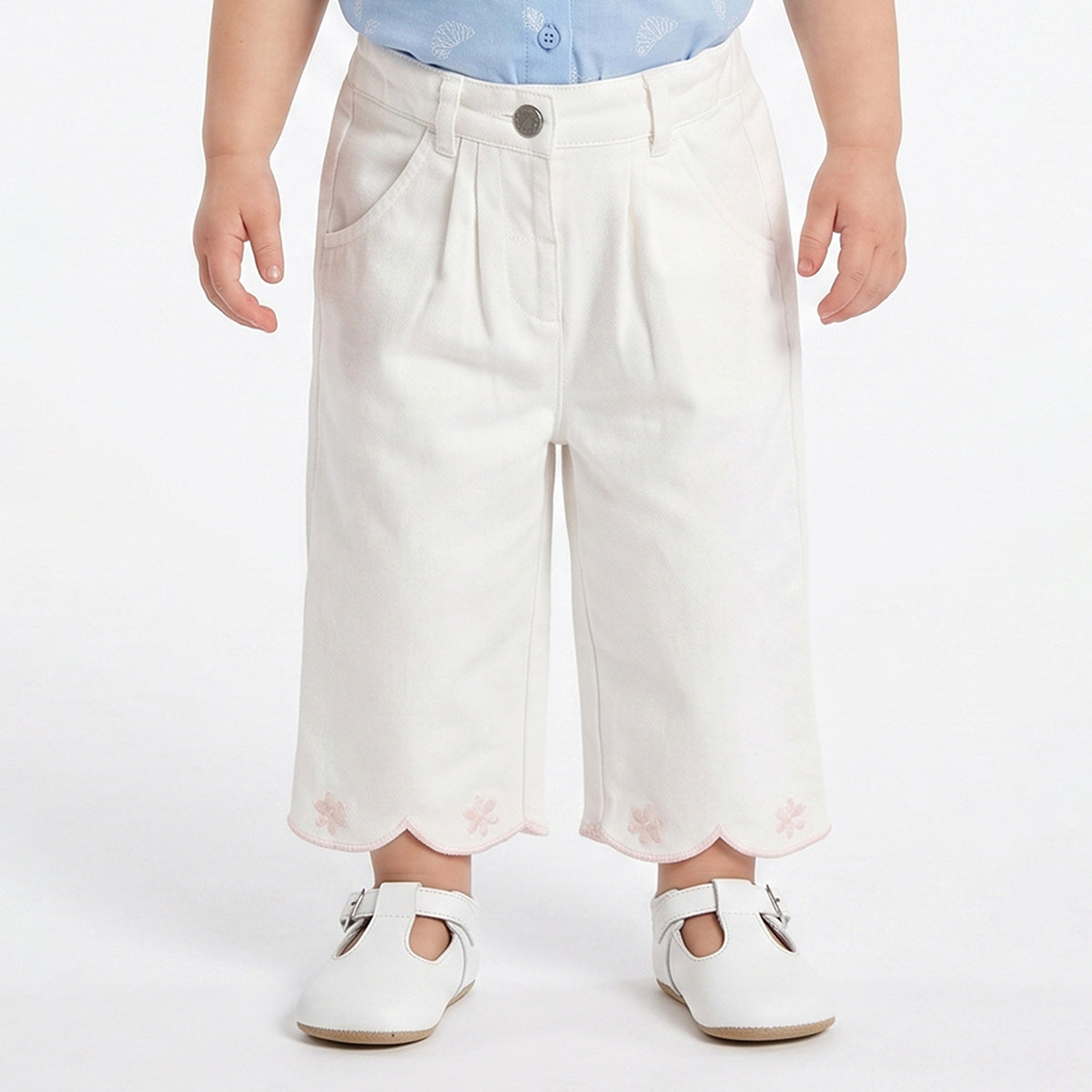 Baby Girls Off White Twill Lycra Pants Regular Fit Casual Bottom Wear