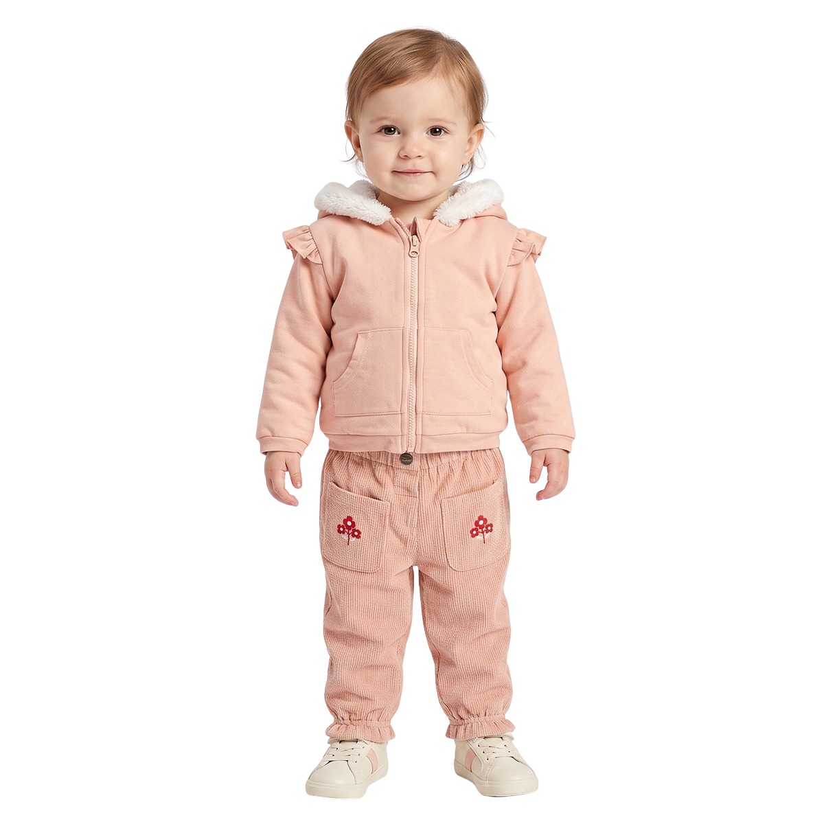 Baby Girls Peach Cotton Corduroy Floral Embroidered Pant Regular Fit