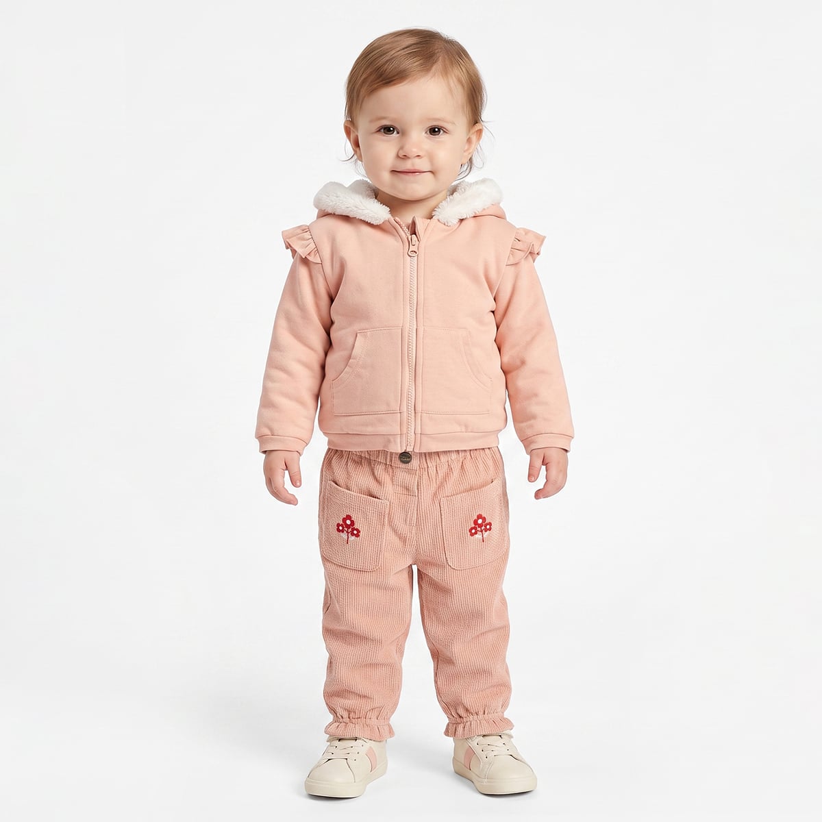 Baby Girls Peach Cotton Corduroy Floral Embroidered Pant Regular Fit Casual Wear