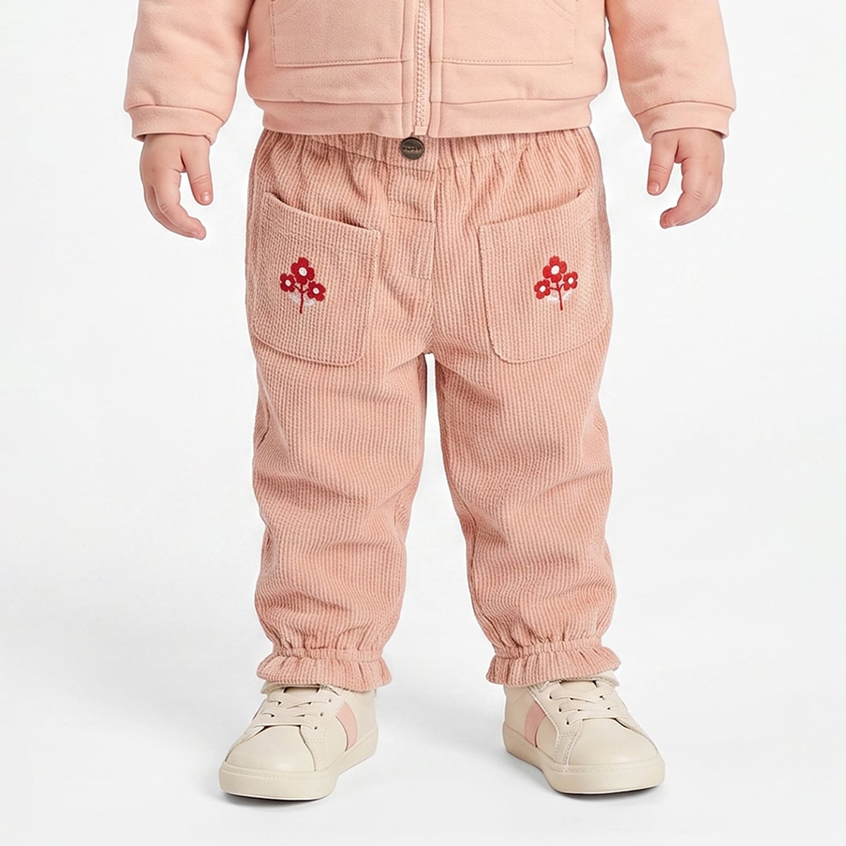 Baby Girls Peach Cotton Corduroy Floral Embroidered Pant Regular Fit Casual Wear