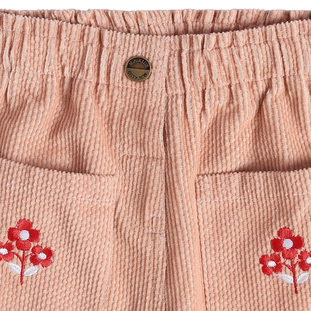 Baby Girls Peach Cotton Corduroy Floral Embroidered Pant Regular Fit Casual Wear