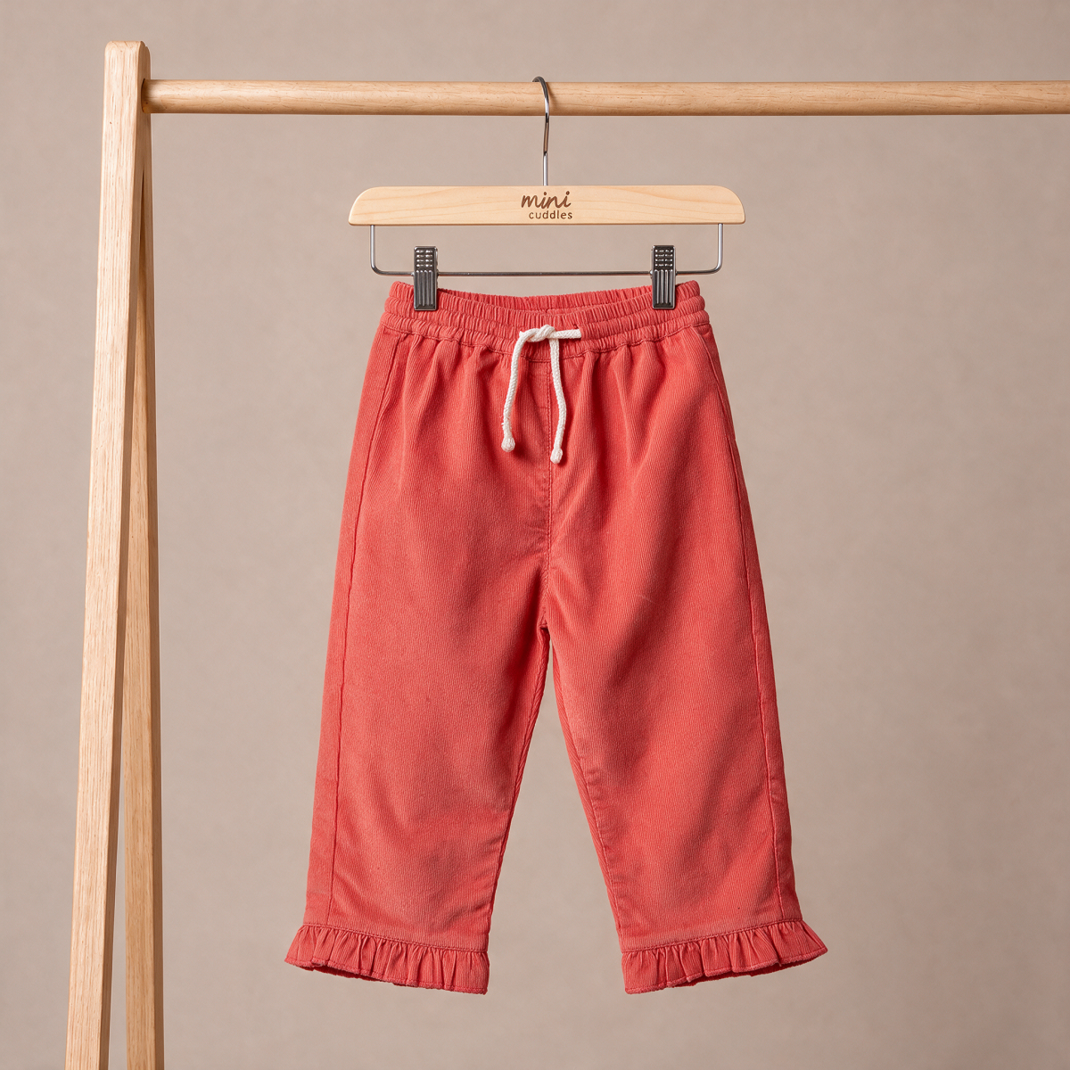 Baby Girls Coral Cotton Corduroy Ruffle Hem Pant Regular Fit Casual Wear