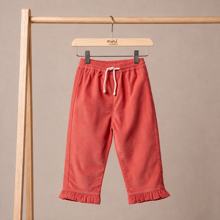 Baby Girls Coral Cotton Corduroy Ruffle Hem Pant Regular Fit Casual Wear
