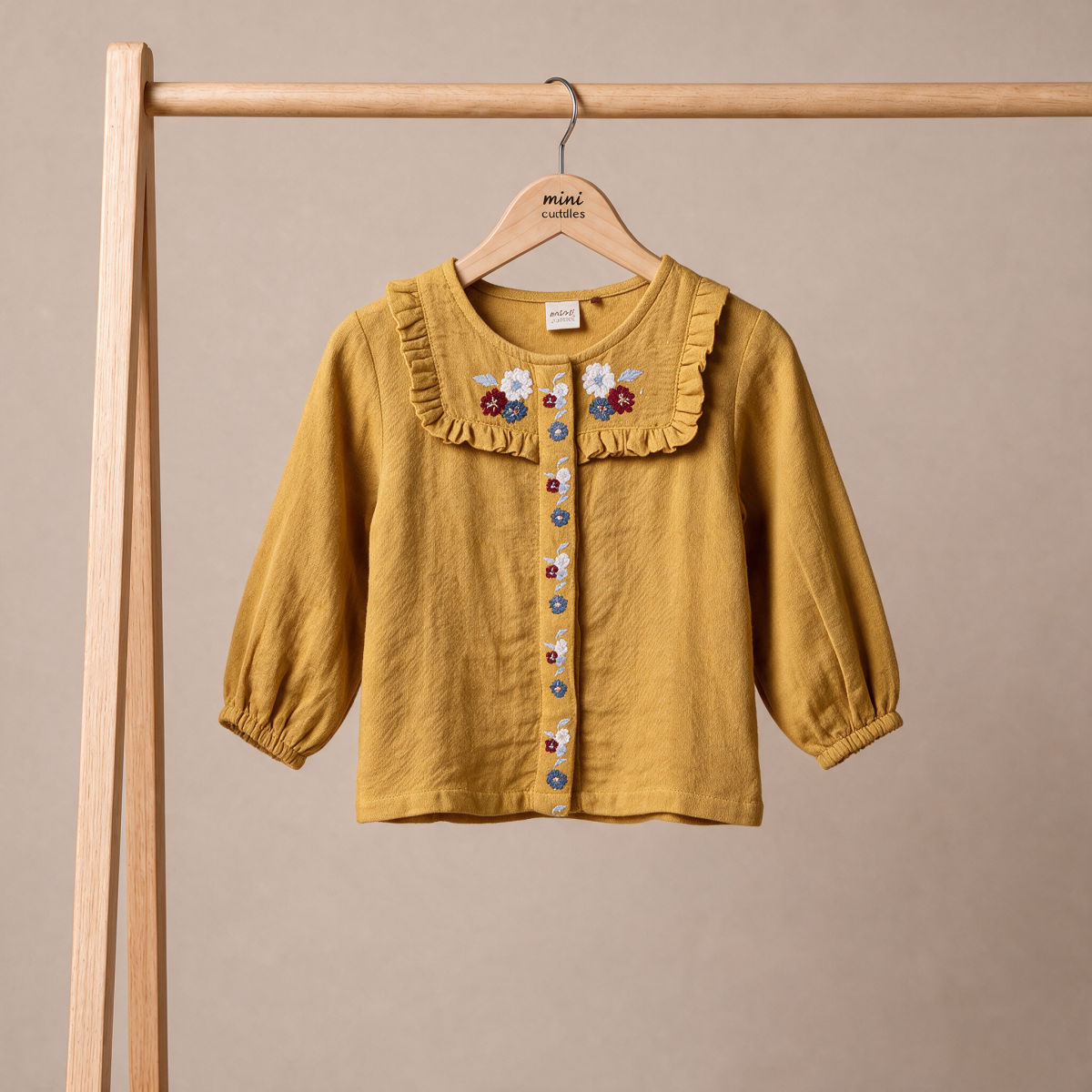 Baby Girls Mustard Yellow Cotton Blend Floral Embroidered Woven Top Regular Fit Casual Wear