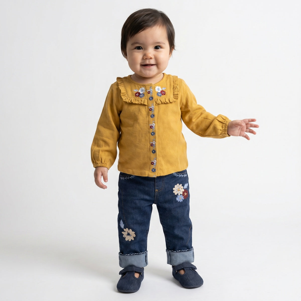 Baby Girls Mustard Yellow Cotton Blend Floral Embroidered Woven Top Regular Fit Casual Wear