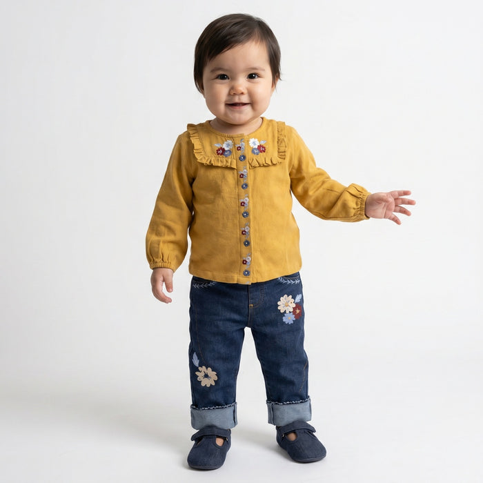 Baby Girls Mustard Yellow Cotton Blend Floral Embroidered Woven Top