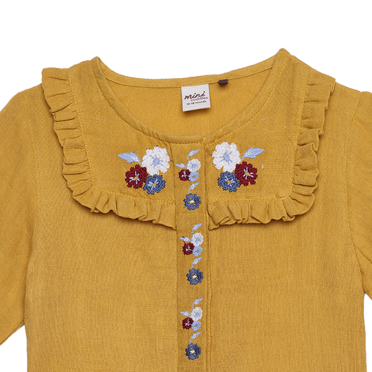 Baby Girls Mustard Yellow Cotton Blend Floral Embroidered Woven Top Regular Fit Casual Wear