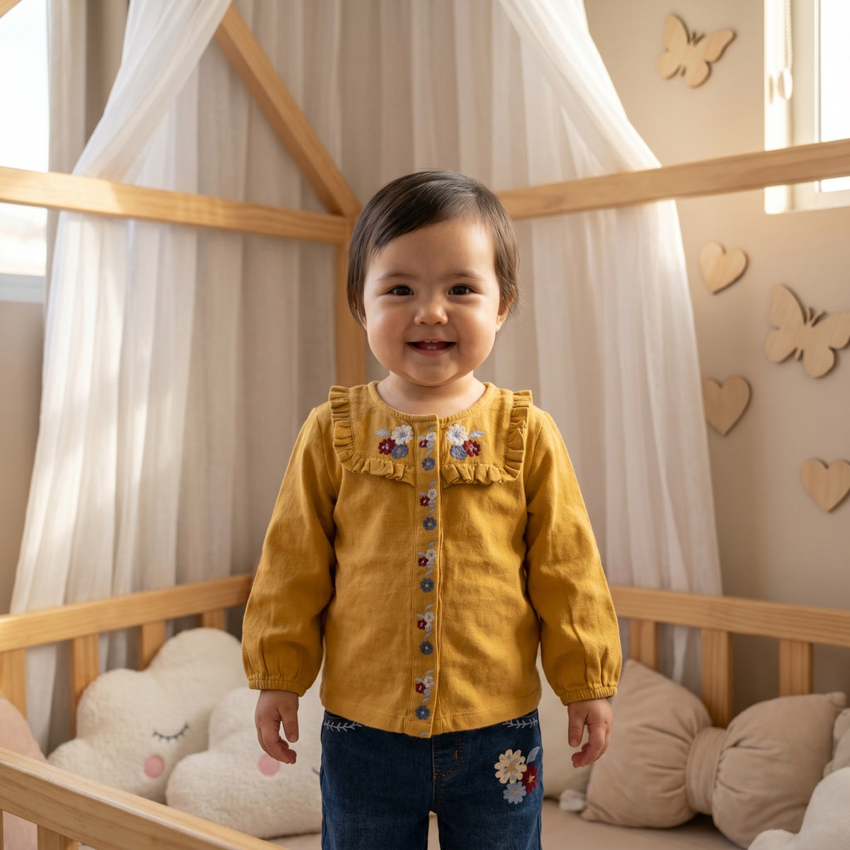 Baby Girls Mustard Yellow Cotton Blend Floral Embroidered Woven Top Regular Fit Casual Wear