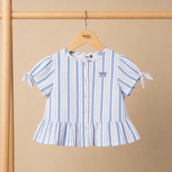 Baby Girls Blue And White Cotton Striped Bow Embroidered Woven Top Regular Fit Casual Wear