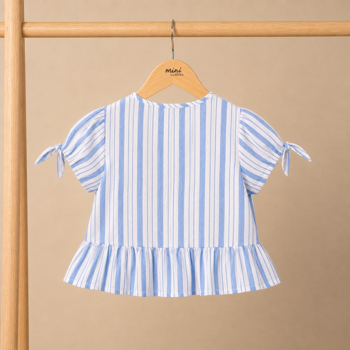 Baby Girls Blue And White Cotton Striped Bow Embroidered Woven Top Regular Fit Casual Wear