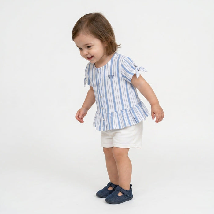 Baby Girls Blue and White Cotton Striped Bow Embroidered Woven Top